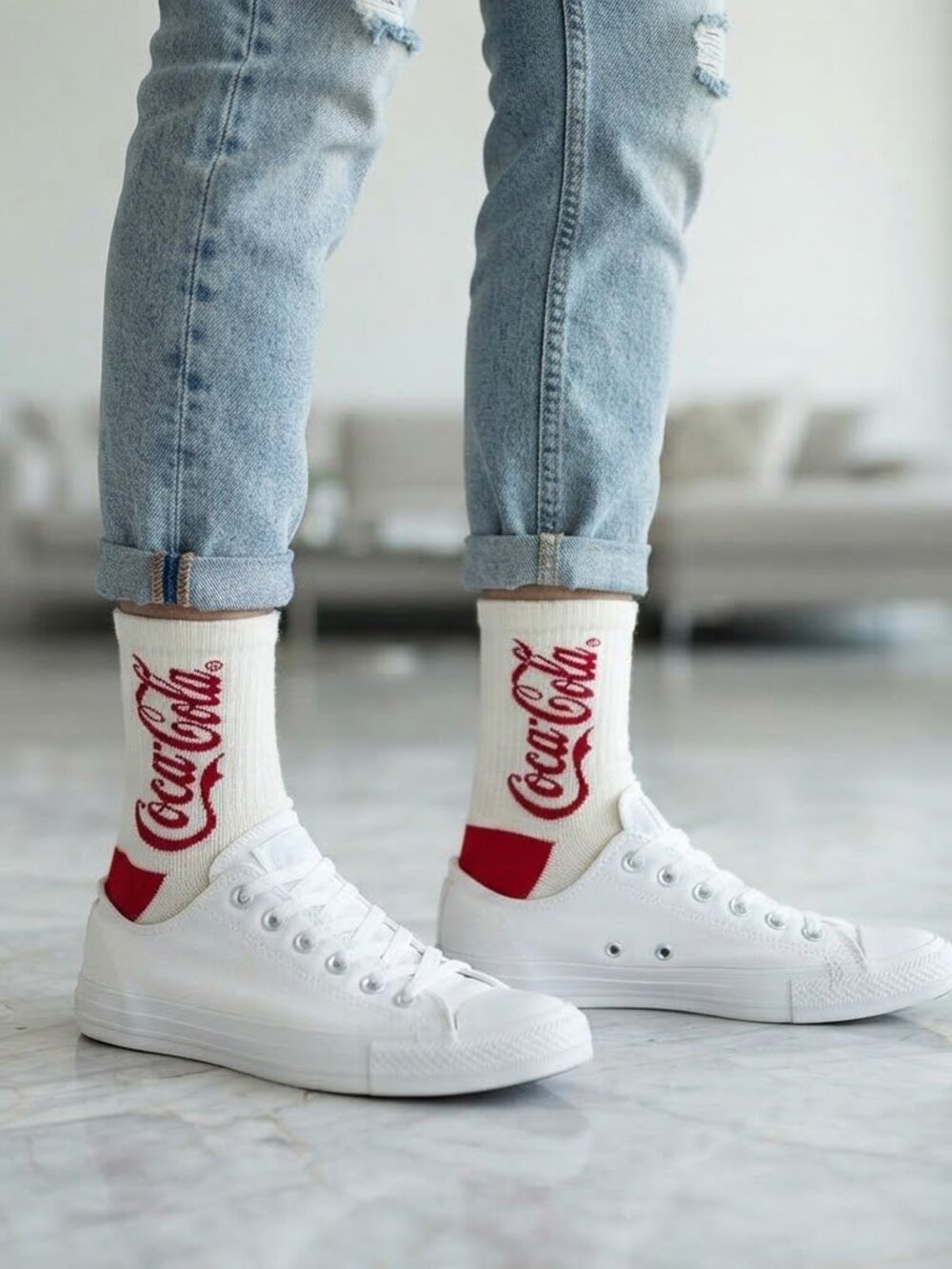Coca Cola White Socks with Red Logo and Accents